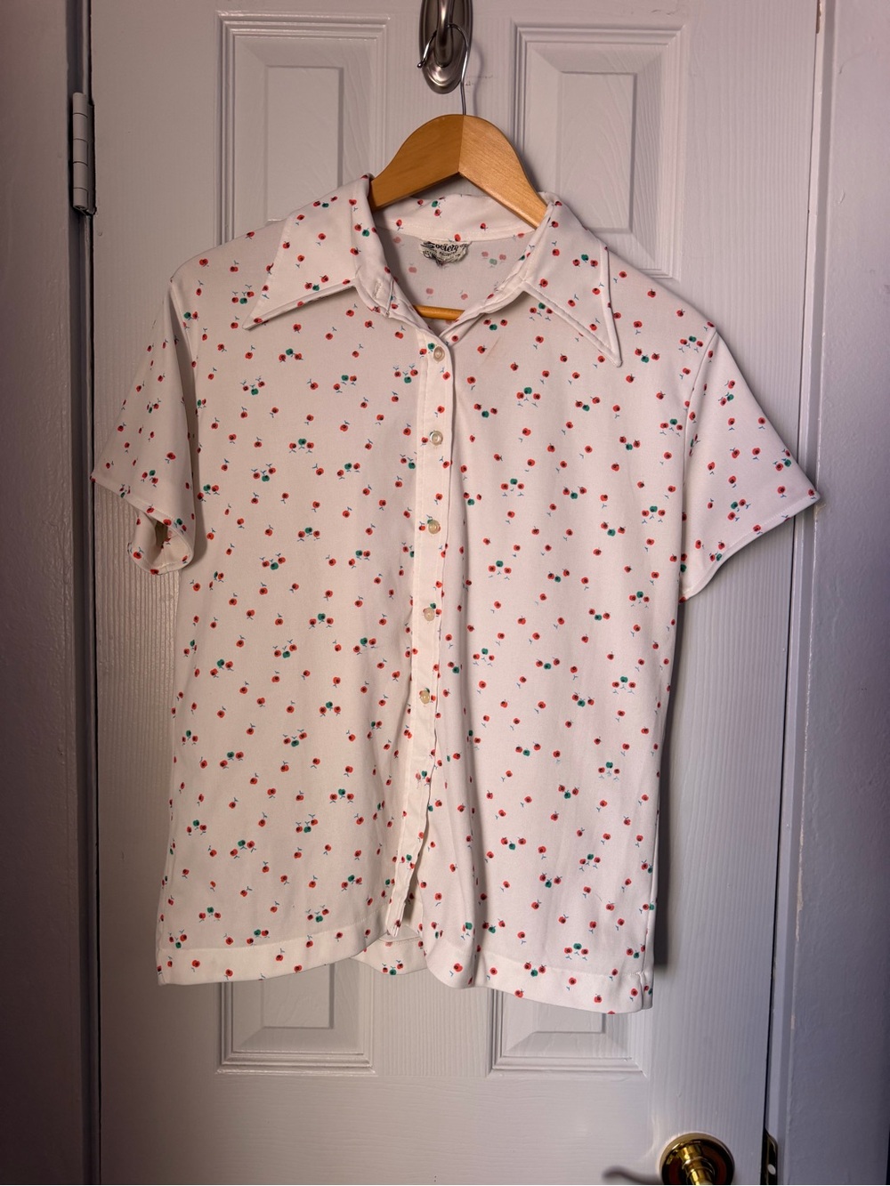 White Short-Sleeve Button-Up Shirt with Red Cherry Print